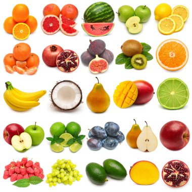 Meyve toplama elması, muz, hindistan cevizi, limon, nar, kivi, erik, avokado, mango, üzüm, karpuz ve beyaz arka planda izole edilmiş diğer şeyler.