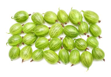 Beyaz arka planda izole edilmiş yeşil bektaşi üzümü yığını. Düz yatış, üst görünüm