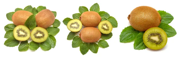 Kolekcja Kolekcja Owoców Kiwi Całości Pół Liści Izolowanych Białym Tle — Zdjęcie stockowe