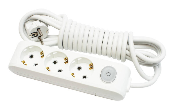 Electrical extension cord isolated on white background. Flat lay, top view 