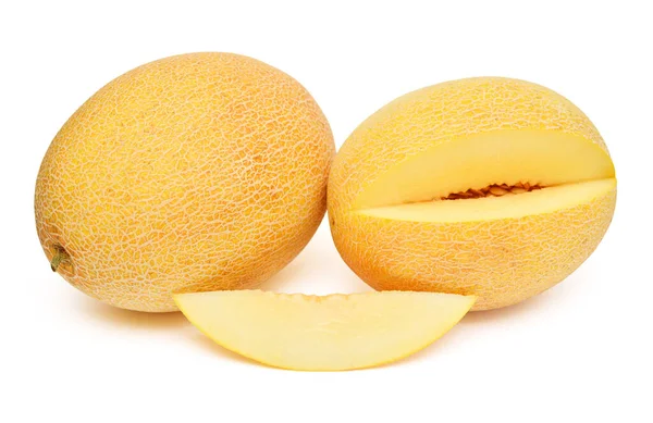 Melón Amarillo Entero Rebanadas Aisladas Sobre Fondo Blanco Hermosa Composición —  Fotos de Stock