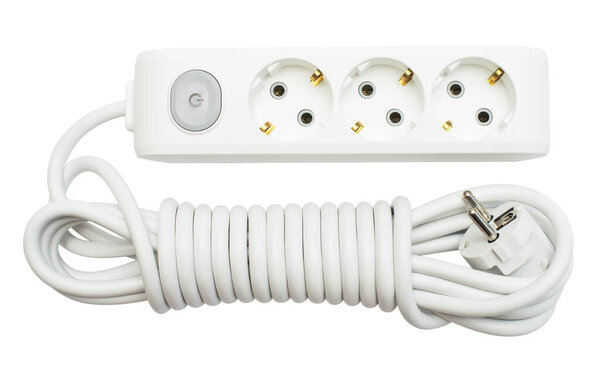 Electrical extension cord isolated on white background. Flat lay, top view 