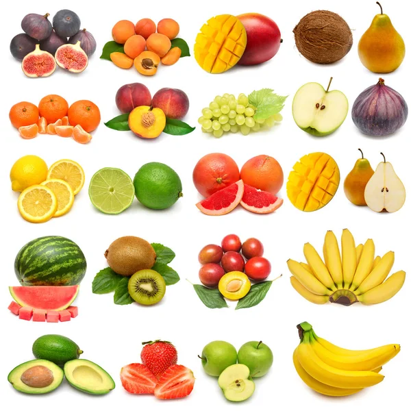 Colección Frutas Mandarina Kiwi Aguacate Melocotón Albaricoque Manzana Plátano Coco — Foto de Stock