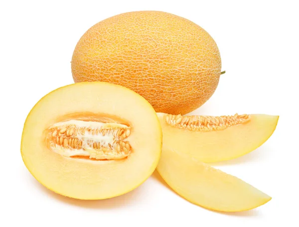 Melón Amarillo Medio Entero Rebanadas Aisladas Sobre Fondo Blanco Hermosa —  Fotos de Stock