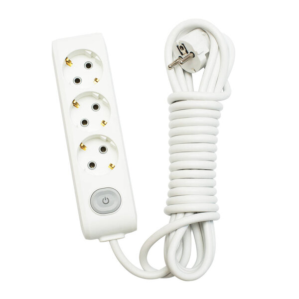 Electrical extension cord isolated on white background. Flat lay, top view 