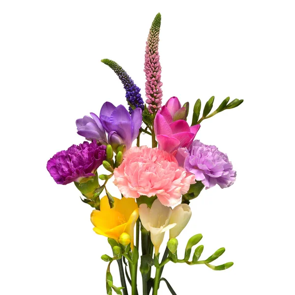 花束の花のフリージア カーネーション ヴェロニカは白い背景に孤立しています ビジネスにおける広告やパッケージデザインのための美しい組成 フラットレイアウト トップビュー — ストック写真