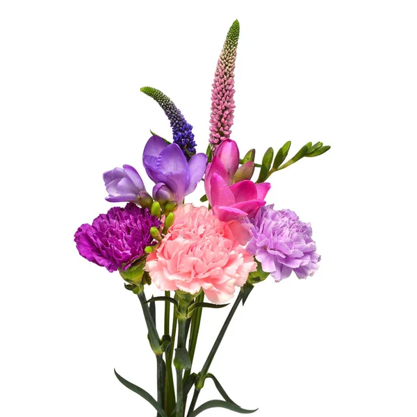 花束の花のフリージア カーネーション ヴェロニカは白い背景に孤立しています ビジネスにおける広告やパッケージデザインのための美しい組成 フラットレイアウト トップビュー — ストック写真