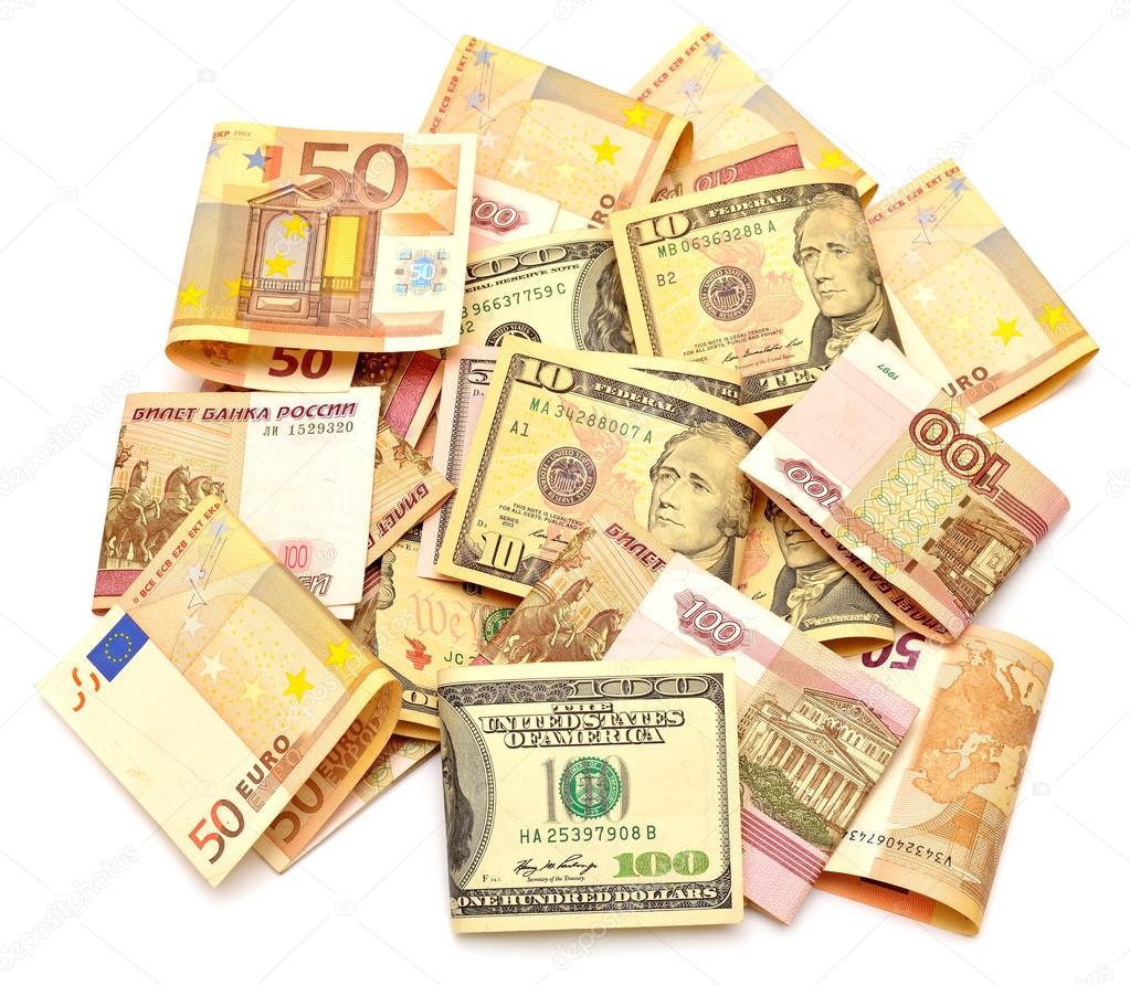 Banknotes of dollars, euro and rubles
