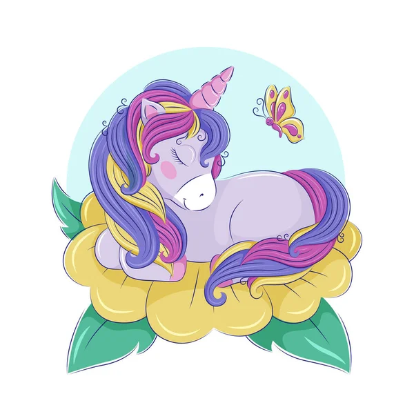 A cute rainbow unicorn is sleeping on a yellow flower, a butterfly is flying nearby. Childrens illustration, print, postcard, poster. Vector graphics of EPS10. 图库矢量图片