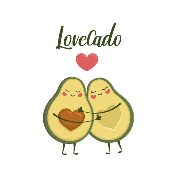 Några avokadoälskare som kramas. Söta kawaii med ögon och hjärta. Skriver kärleksbrev. Vektorillustration EPS10. — Stock vektor
