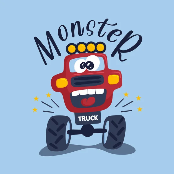 Crazy car monster truck, red color, with huge eyes. Print on clothes, dishes, testil. Vector illustration EPS10. — стоковый вектор