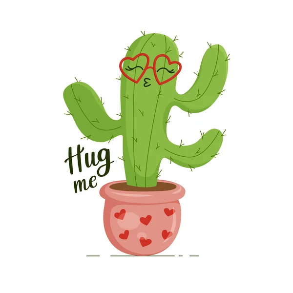 Glad grön och taggig kaktus med hjärtformade glasögon. Brev kramar mig. Tryck för kläder, disk, textilier. Vektorillustration EPS10. — Stock vektor