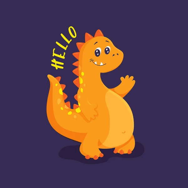 Cute orange dinosaur waving its paw. Hello lettering. Print on clothes, dishes, textiles. Vector illustration EPS10. — Stock Vector