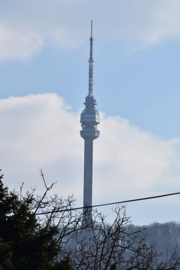 Yapraksız dallar ve dağ ağaçlarının yemyeşil dalları. Avala 'daki televizyon kulesi