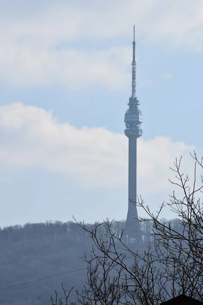 Paysage Automne Sur Mont Avala Tour Aval Dans Brume — Photo