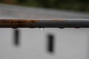 Rainy day detail of a gray, slightly corroded horizontal bar from a terrace fence, with dreamy blurred background.