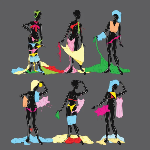 Ilustração vetorial de dois manequins pretos com roupa interior multicolorida brilhante. Mulheres com Lingerie. Desenho à mão livre. Desenho de Mão Livre. Ilustração da moda. Instalação de Alta Costura. Modelos de moda. Descrição 2 — Vetor de Stock