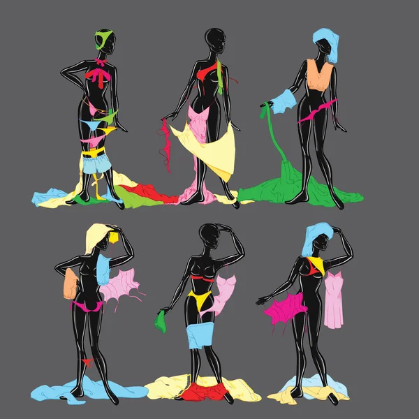 Ilustración vectorial de dos maniquíes negros con ropa interior multicolor brillante. Mujeres con lencería. Dibujo a mano alzada. Dibujo de Mano Libre. Ilustración de moda. Instalación de Alta Costura. Modelos de moda. Descripción2 — Vector de stock