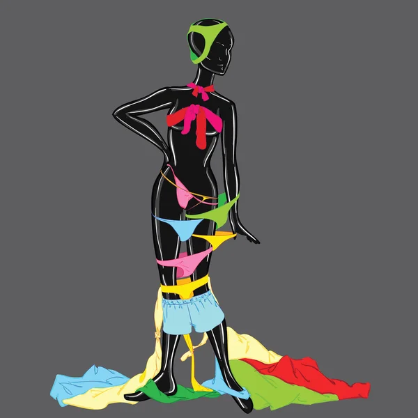 Ilustração vetorial de um manequim preto com roupa interior multicolorida brilhante. Mulher com Lingerie. Desenho à mão livre. Desenho de Mão Livre. Ilustração da moda. Instalação de Alta Costura. Modelo de moda . — Vetor de Stock
