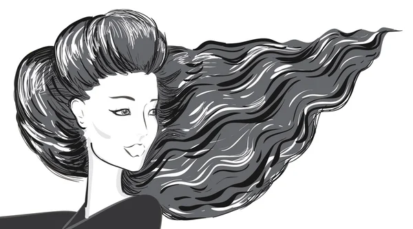 O retrato dos desenhos animados de uma menina bonita com cabelos longos morena. Cara de beleza de uma jovem senhora. Desenho à mão livre. Esboço de mão livre. Ilustrações vetoriais de estilo retrô —  Vetores de Stock