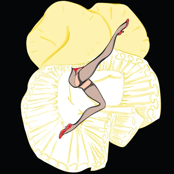 Illustration vectorielle des jambes de danseur Cancan avec jupes longues et bas. Pinup Girl. Pin Up Woman. Illustration vectorielle à main levée. Dessin à main libre. Style Vintage — Image vectorielle