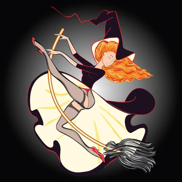 Sexy witch in stockings, riding a broomstick. Beautiful witch riding a broom. Freehand vector illustration. A Cartoon Drawing of a Sexy Halloween Witch with a Stockings. Vintage, Pinup Style — Stock Vector