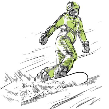 Bir Yamaçta snowboardcu kadın kroki. Vektör İllüstrasyon. Serbest Çizim. Ücretsiz El Beraberlik. Ekstrem Kış Sporları. Güzel Sportif Kız. Sketched Snowboard Rider. Snowboard Yokuş Aşağı.