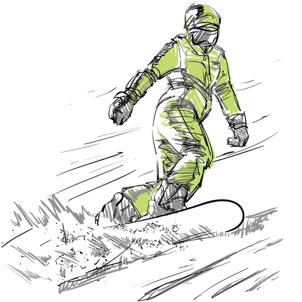 Sketch of Snowboarder Woman on a Slope (em inglês). Ilustração vetorial. Desenho à mão livre. Desenho de Mão Livre. Esportes Extremos de Inverno. Linda menina desportiva. Sketched Snowboard Rider. Snowboarding Downhill . — Vetor de Stock