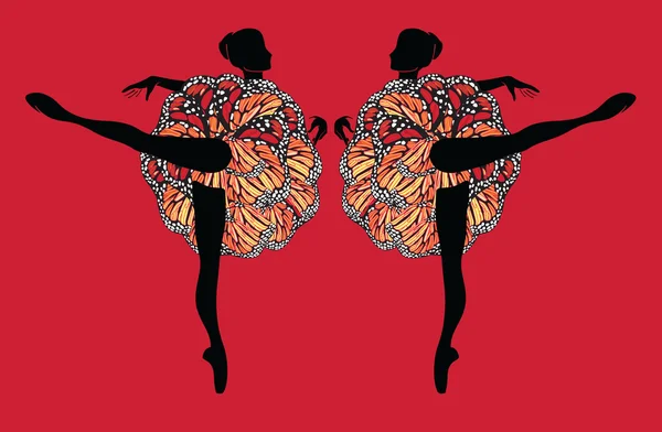 A Silhouette Figure of Two Ballerinas with Motley Tutu Skirts. Symmetrical Ornament. A Freehand Vector Drawing. Art Nouveau Style. An Illustration of Two Ballet Dancers. Stylized Butterfly's Wings. — Stock Vector