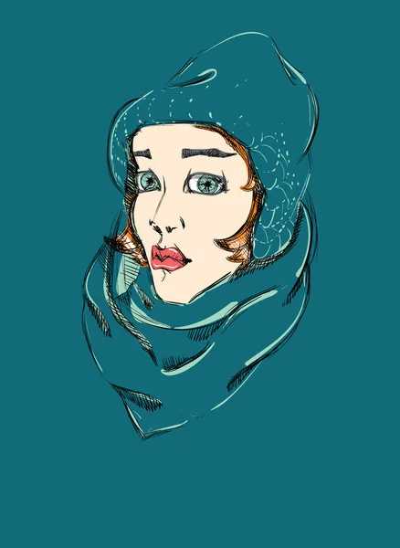 Красива жінка в зимовому шарфі і капелюсі — стоковий вектор