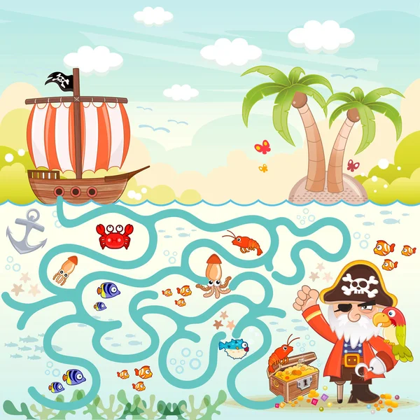 Piratas y caja del tesoro laberinto juego para niños — Vector de stock