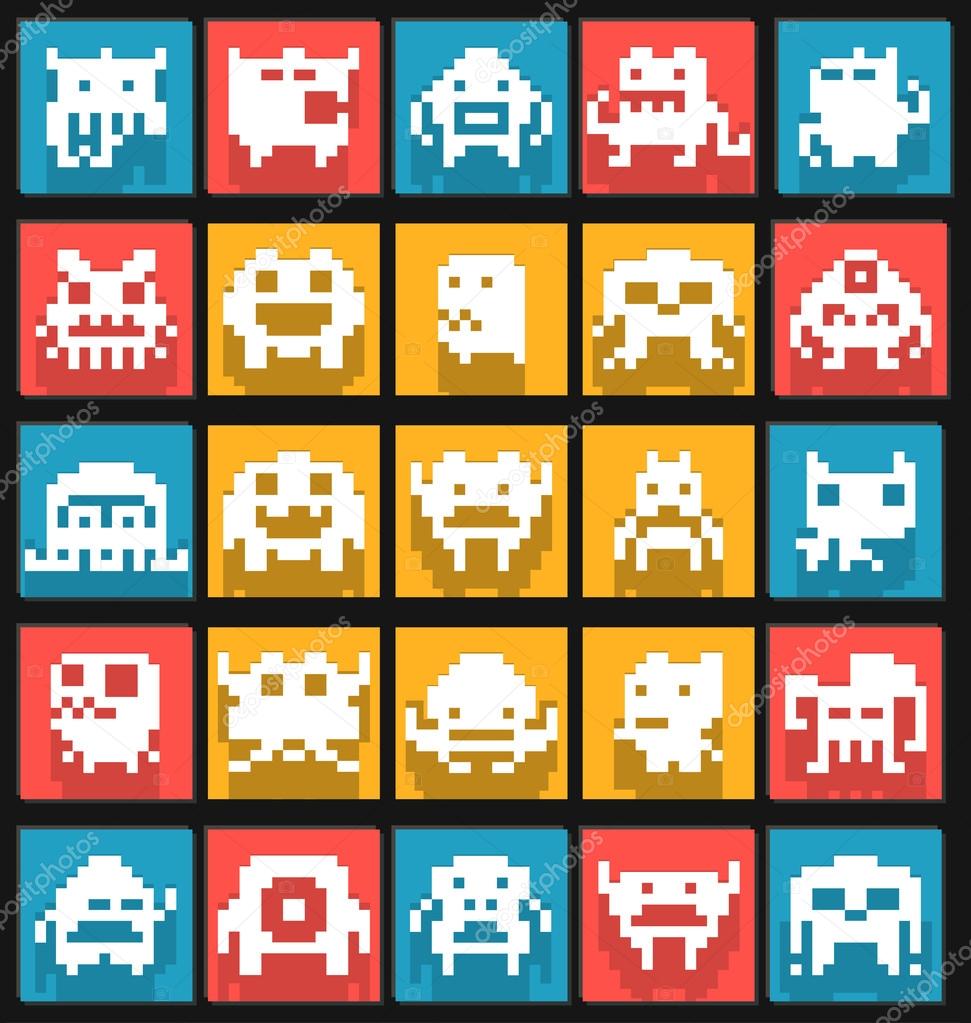 Set of flat 8 bit pixel art monsters