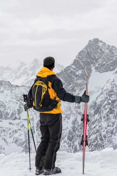 欣赏山脉的滑雪者 — 图库照片