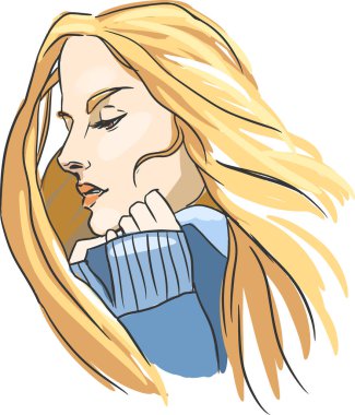 Blonde girl romantic. Cute girl illustration. Woman with flying long hair in a blue sweater vector Blonde girl romantic. Cute girl illustration. Woman with flying long hair in a blue sweater vector