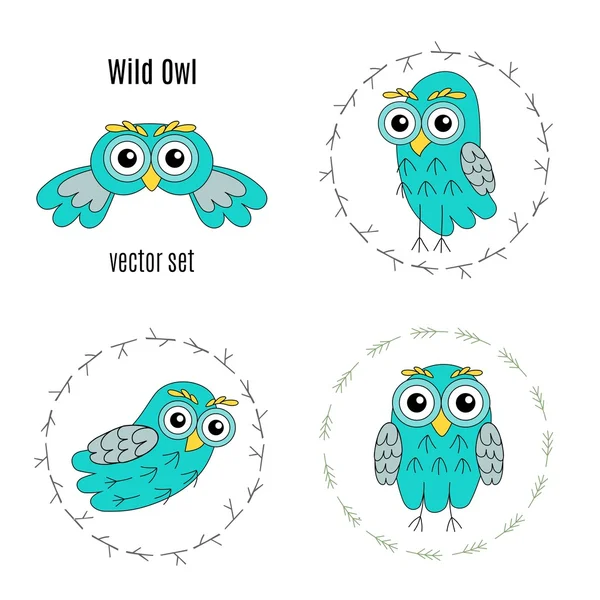 Set de aves vector de búho aisladas sobre fondo blanco . — Vector de stock