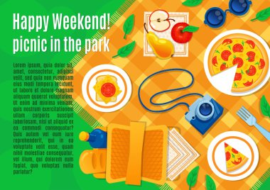 Çim vektör çizim üzerinde piknik.