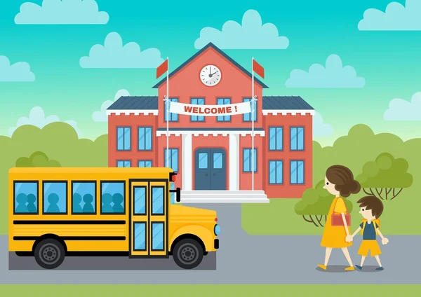 Skola byggnad och yeollow buss skolbarn vektor — Stock vektor