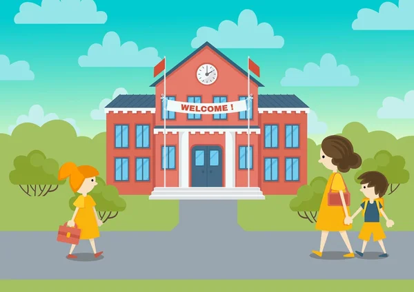 Skolbyggnaden och skolbarn vektor illustration. — Stock vektor