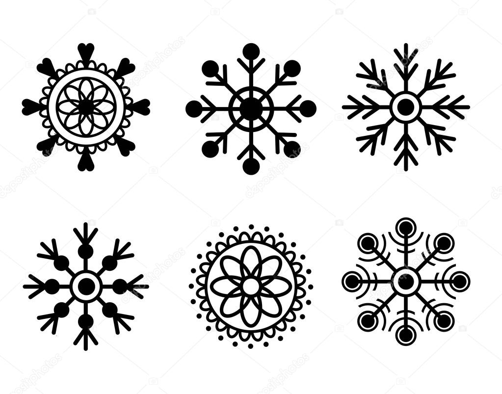 Snowflakes black isolated on white background.