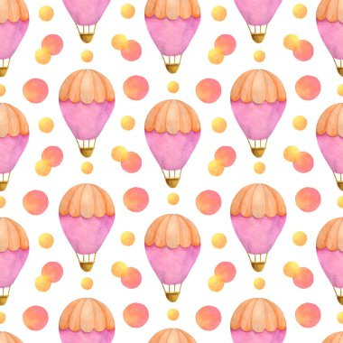 Sıcak hava balonları ve kabarcıklar suluboya kusursuz desen, kız tasarımı