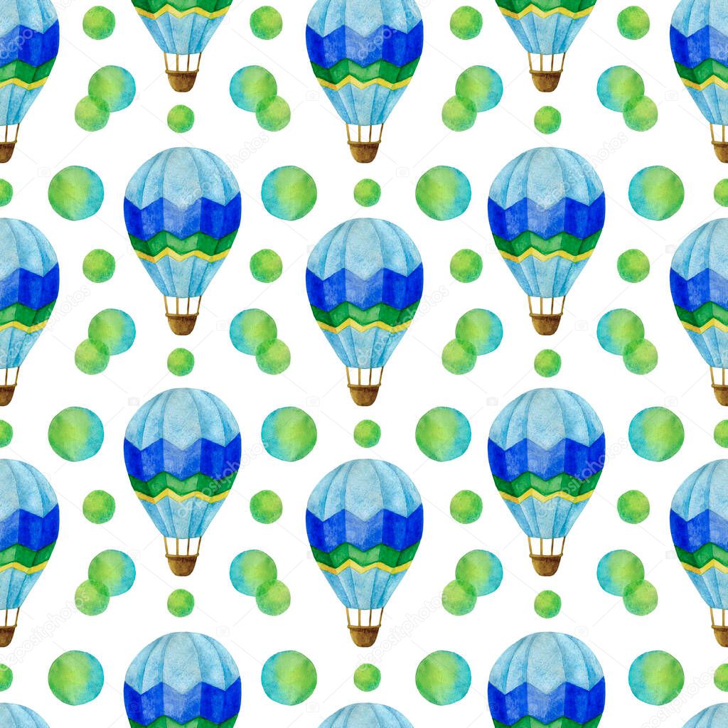 Hot air balloons and bubbles watercolor seamless pattern, Boy design