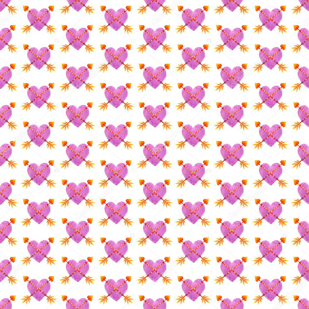Pierced heart hand painted watercolor seamless pattern. Valentines Day illustration
