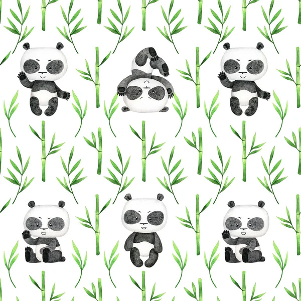 Bebé panda y verde bambú acuarela patrón semless. Dibujo de mano infantil acuarela diseño —  Fotos de Stock