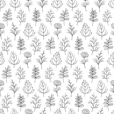 Yaprak ve Çiçek vektör el çizimi kusursuz desen. Botanik bölümü. Orman yeşillik arka planı