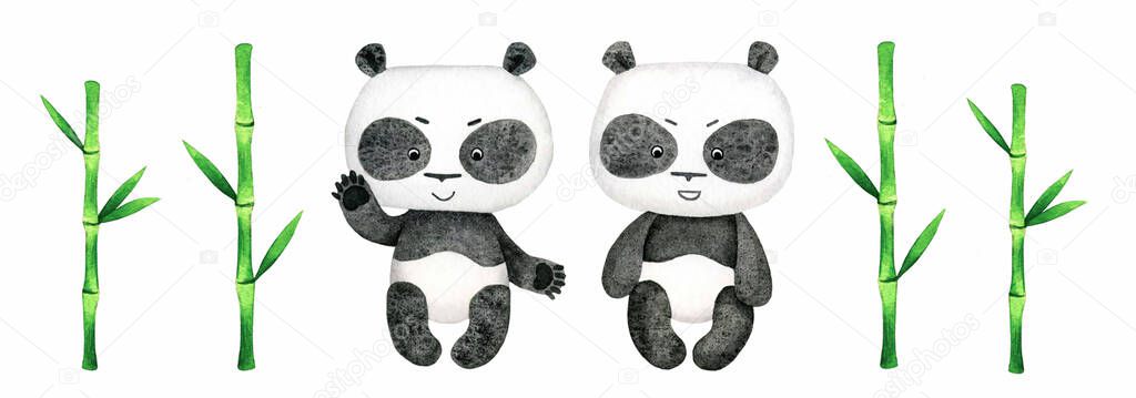 Baby panda and Green bamboo watercolor illustration isolated on white background. Cute panda bear clipart. Bamboo branches and leaves clip art.