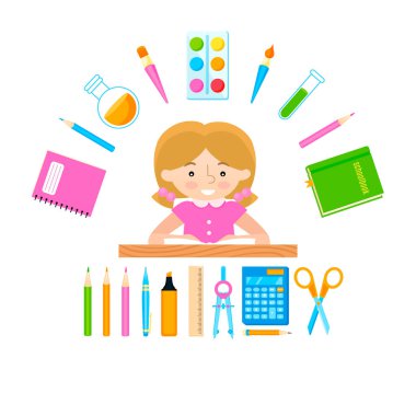 Öğrenci dijital illüstrasyonu. Liseli kız ve okul kırtasiye malzemeleri..