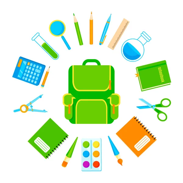 Backpack with school stationery supplies vector set. School background — Vector de stock