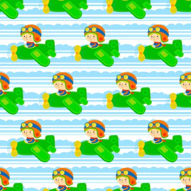 Boy on a airplane vector seamless pattern. Cute pilot seamless pattern and digital paper