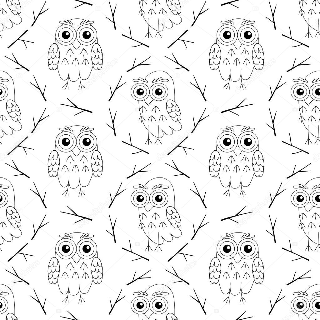 Owl black and white vector seamless pattern. Woodland animals seamless pattern. Forest