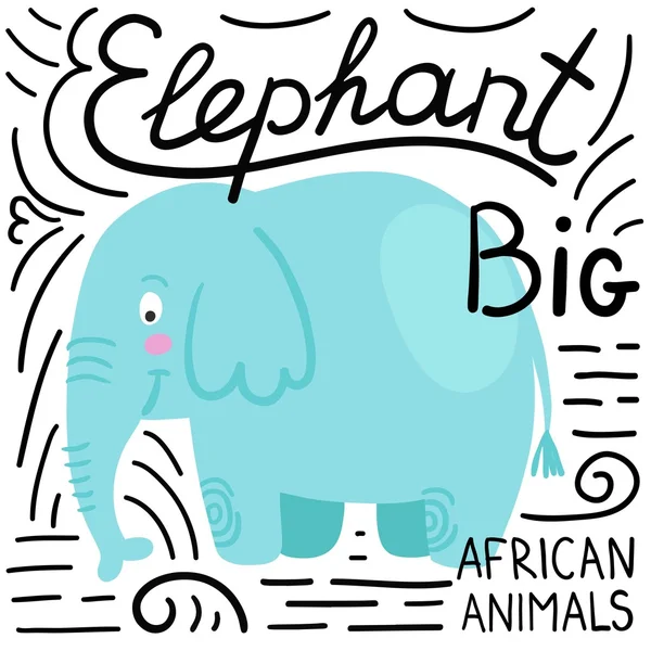 Elefante azul con letras sobre fondo blanco aislado — Vector de stock